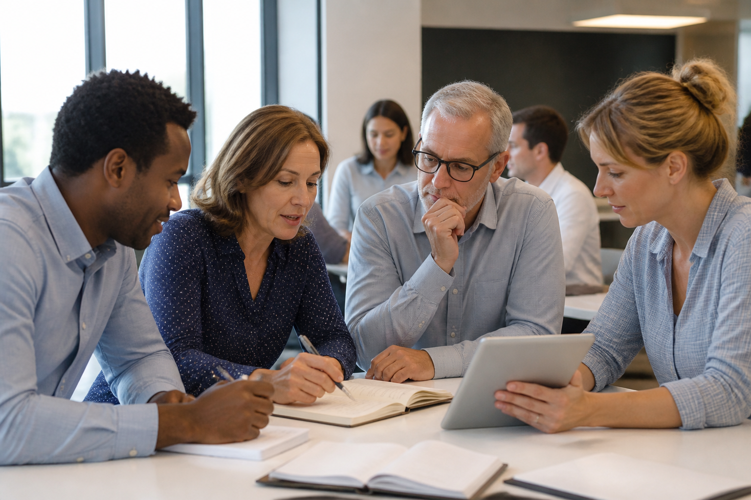 Professionnels en formation lors d'un atelier collaboratif avec carnet et tablette