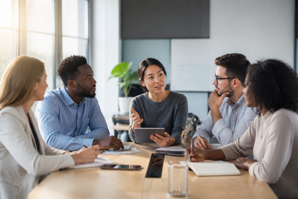 Personnes en formation professionnelle autour d’une table dans un bureau moderne