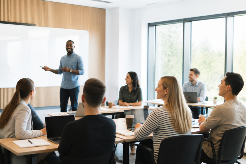 Groupe de professionnels en formation dans une salle moderne et lumineuse