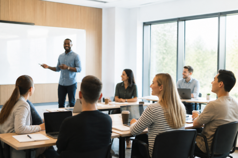 Groupe de professionnels en formation dans une salle moderne et lumineuse