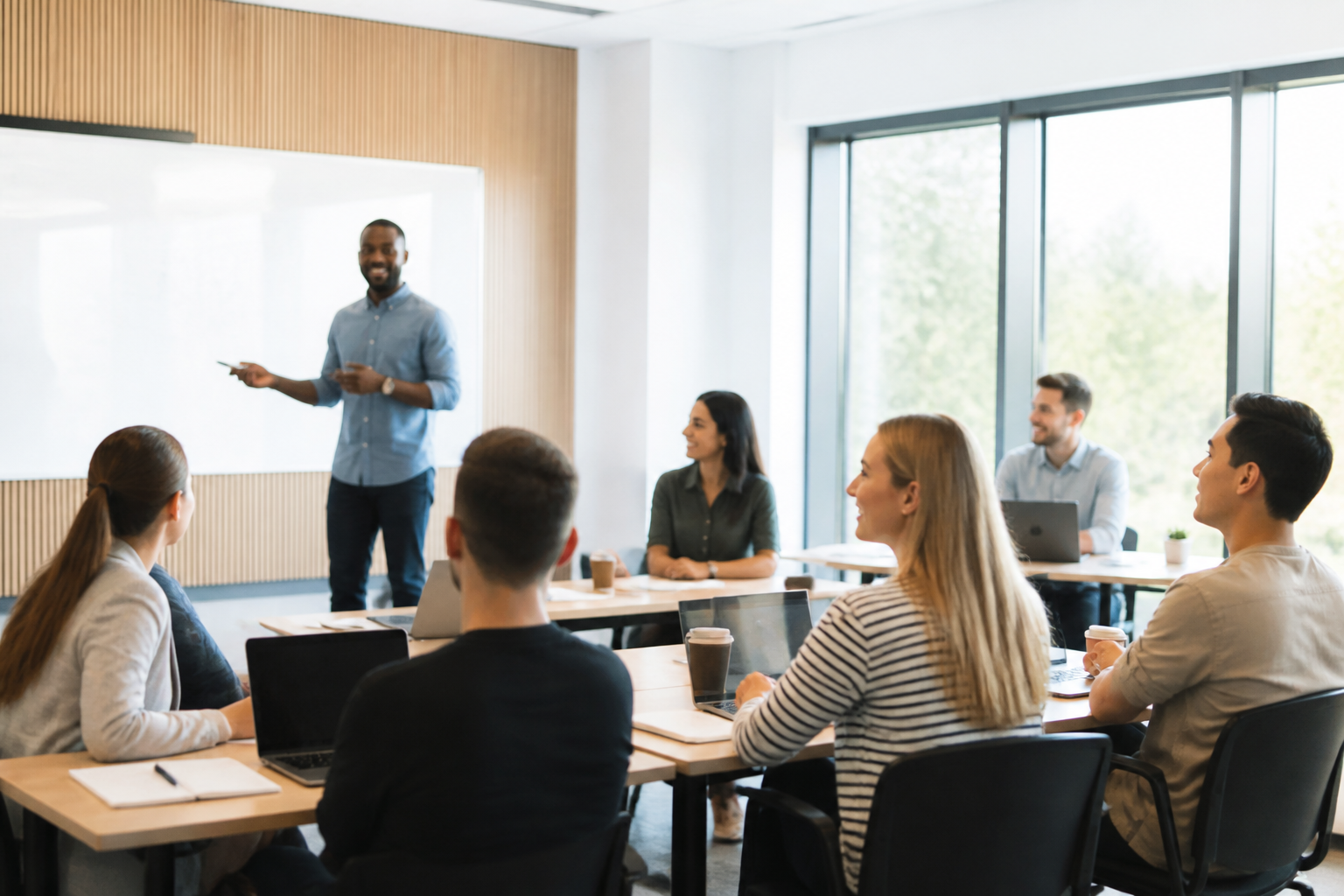 Groupe de professionnels en formation dans une salle moderne et lumineuse