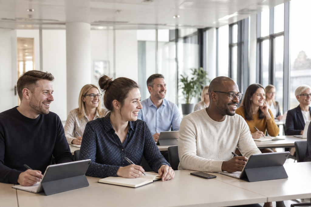 Session de formation professionnelle avec participants utilisant tablettes et carnets