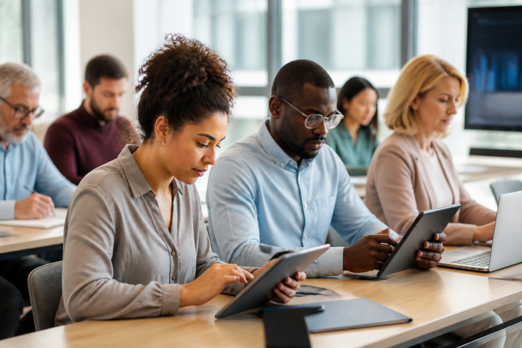 Groupe de personnes en formation professionnelle en environnement moderne