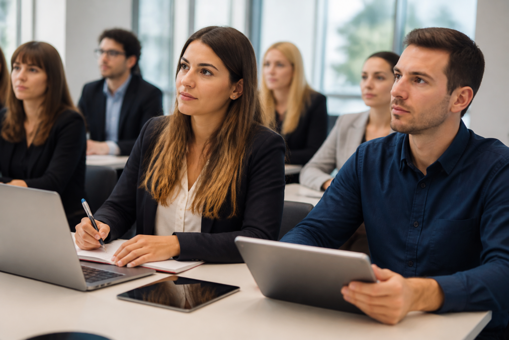Groupe de professionnels en formation avec ordinateurs et tablettes