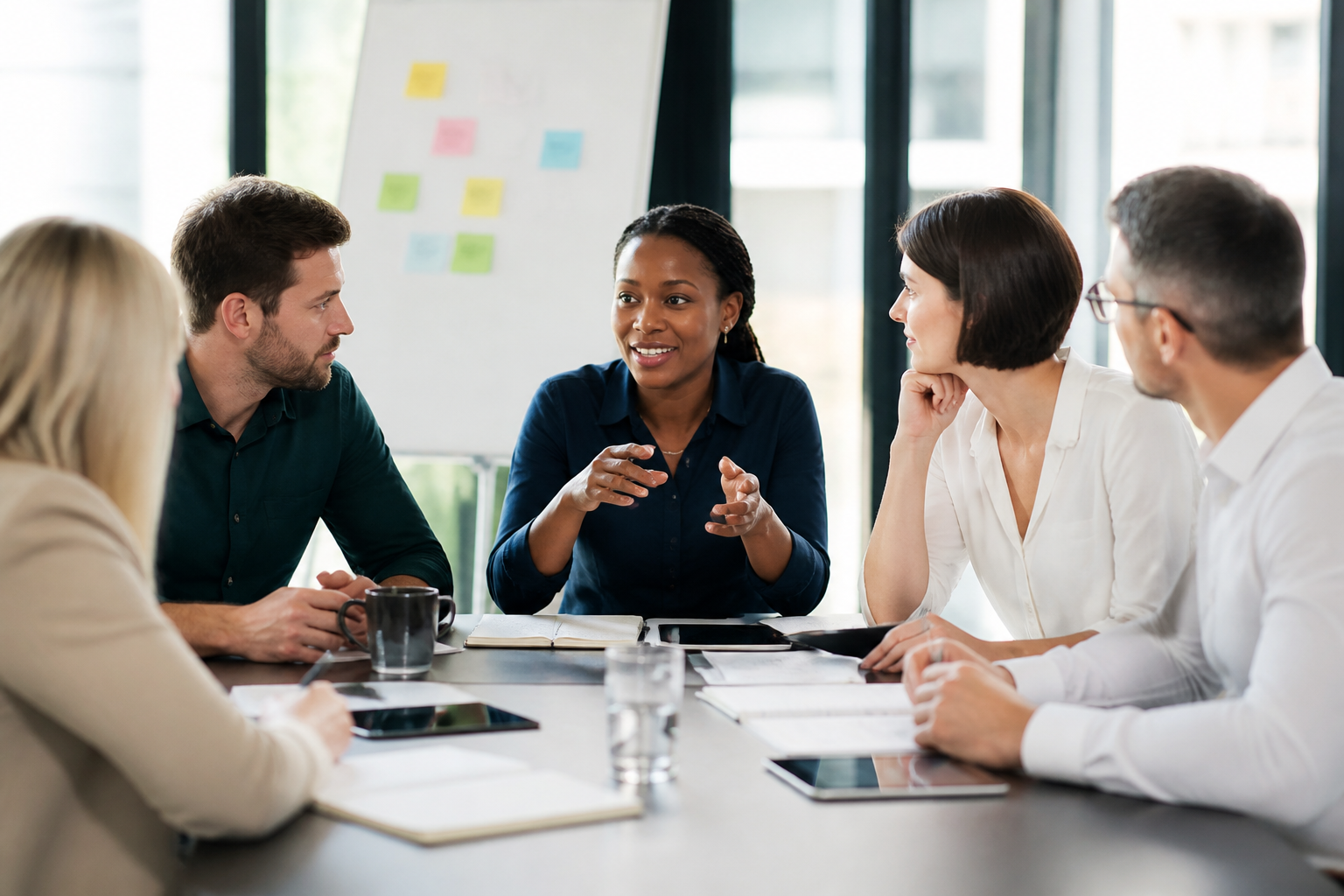 Professionnels en formation lors d'une réunion autour d'une table avec carnet et tablette