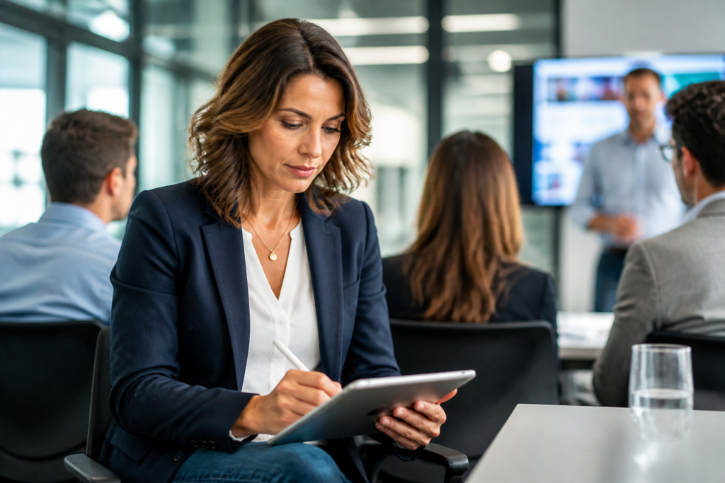 Femme en formation professionnelle utilisant une tablette en réunion