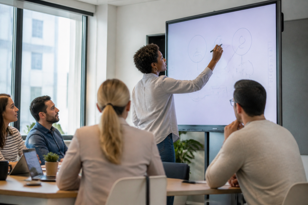 Professionnels en formation collaborant autour d’un tableau blanc numérique