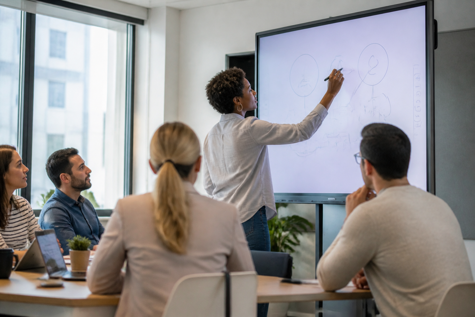 Professionnels en formation collaborant autour d’un tableau blanc numérique