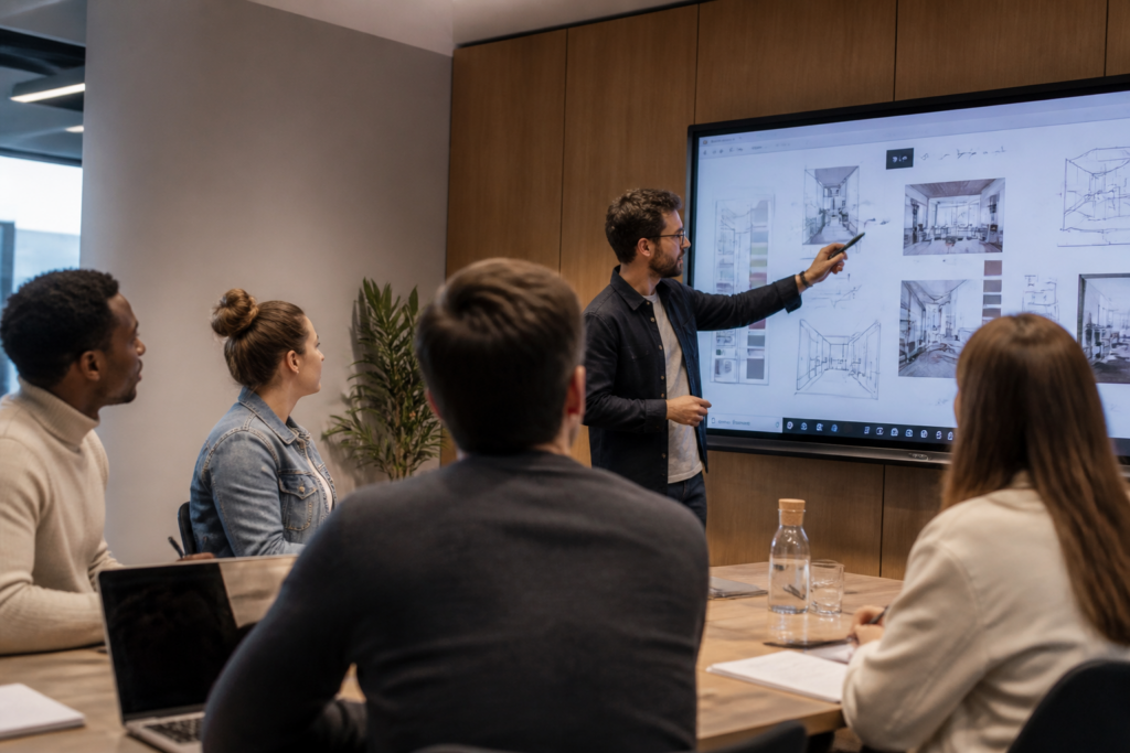 Participants en formation professionnelle dans une salle moderne, en train de suivre un cours