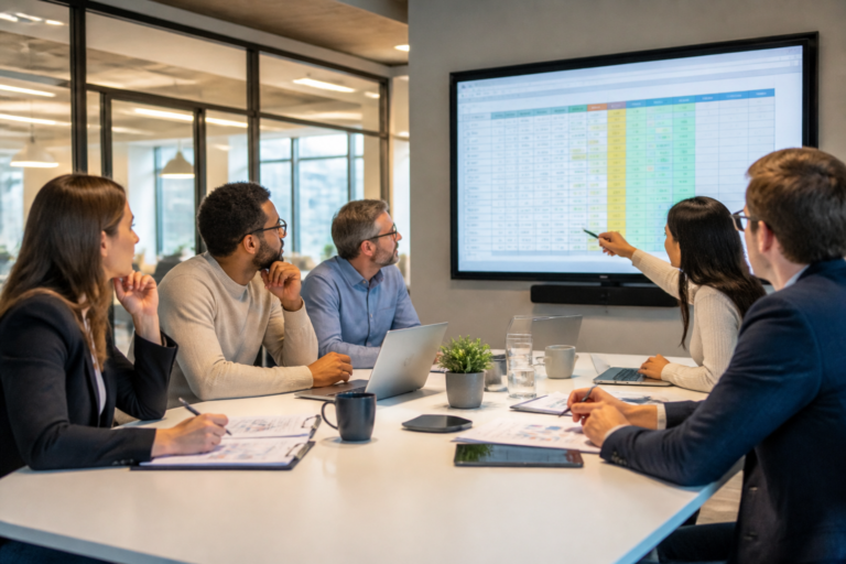 Professionnels en réunion discutant d’un tableau de compétences affiché sur écran