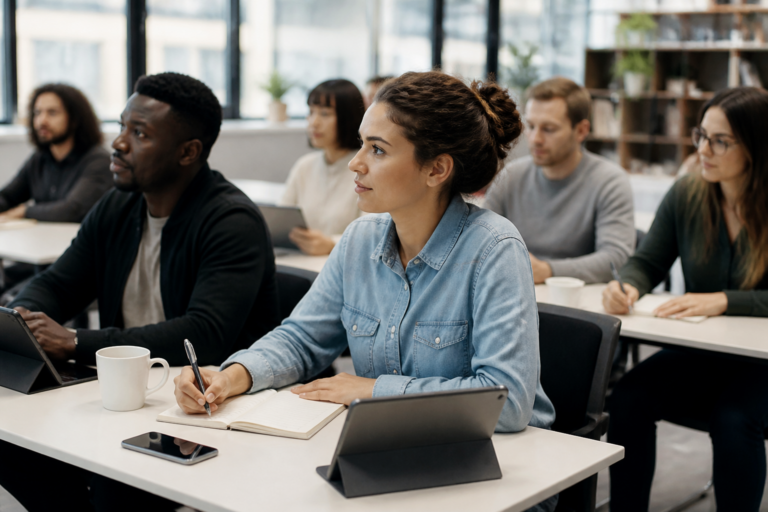 Personnes en formation professionnelle en salle moderne avec tablettes et carnets