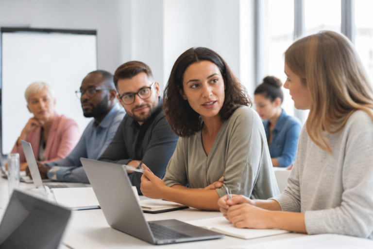 Groupe de professionnels en formation dans une salle moderne