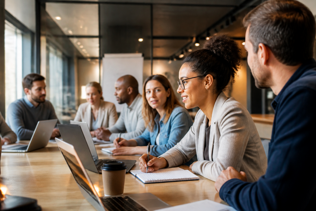 Personnes en formation professionnelle dans un environnement moderne et collaboratif