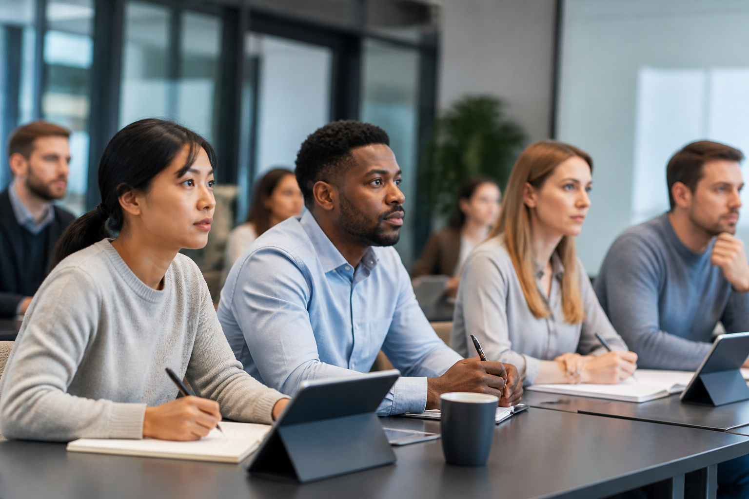 Groupe de professionnels en formation collaborative en salle moderne