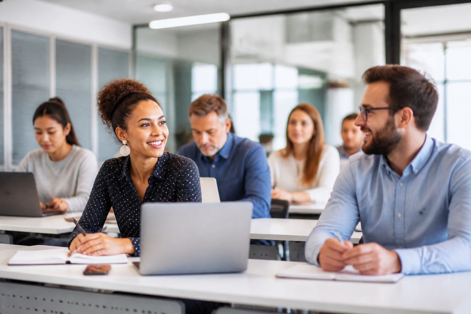 Groupe de personnes en formation professionnelle utilisant des ordinateurs portables dans une salle de formation moderne