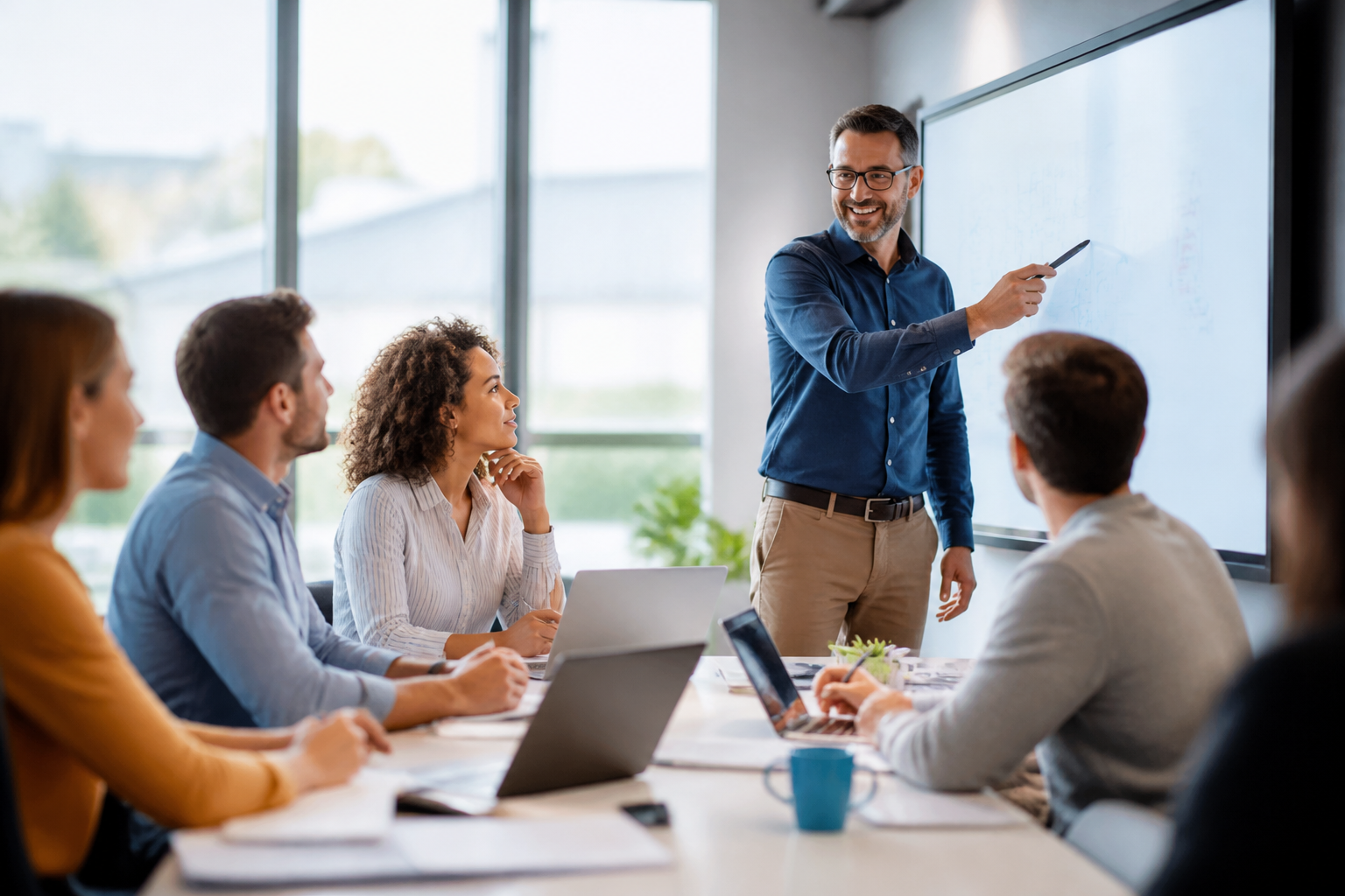 Session de formation professionnelle en groupe dans un bureau lumineux et moderne