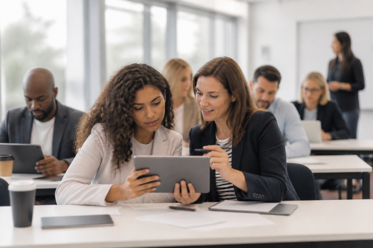 Personnes en formation professionnelle en réunion autour d'une tablette