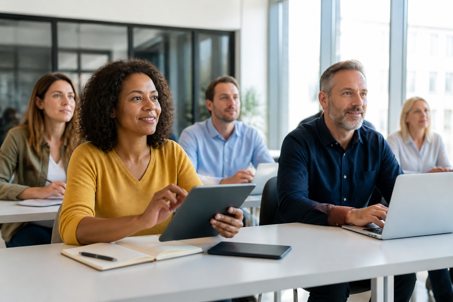 Groupe d’adultes en formation professionnelle avec outils numériques