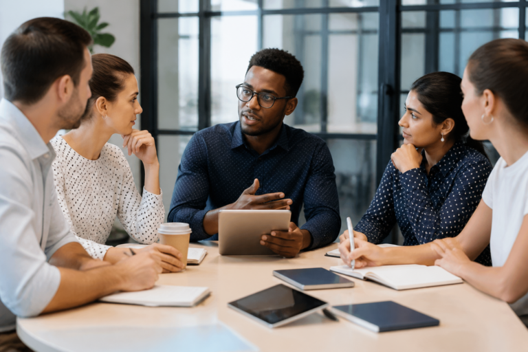 Personnes en formation professionnelle en réunion, avec carnet et tablette