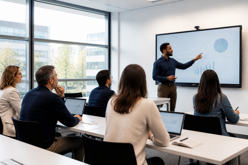 Personnes en formation professionnelle en salle avec formateur utilisant un tableau numérique