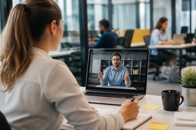 Personnes participant à une formation de management à distance sur ordinateur portable