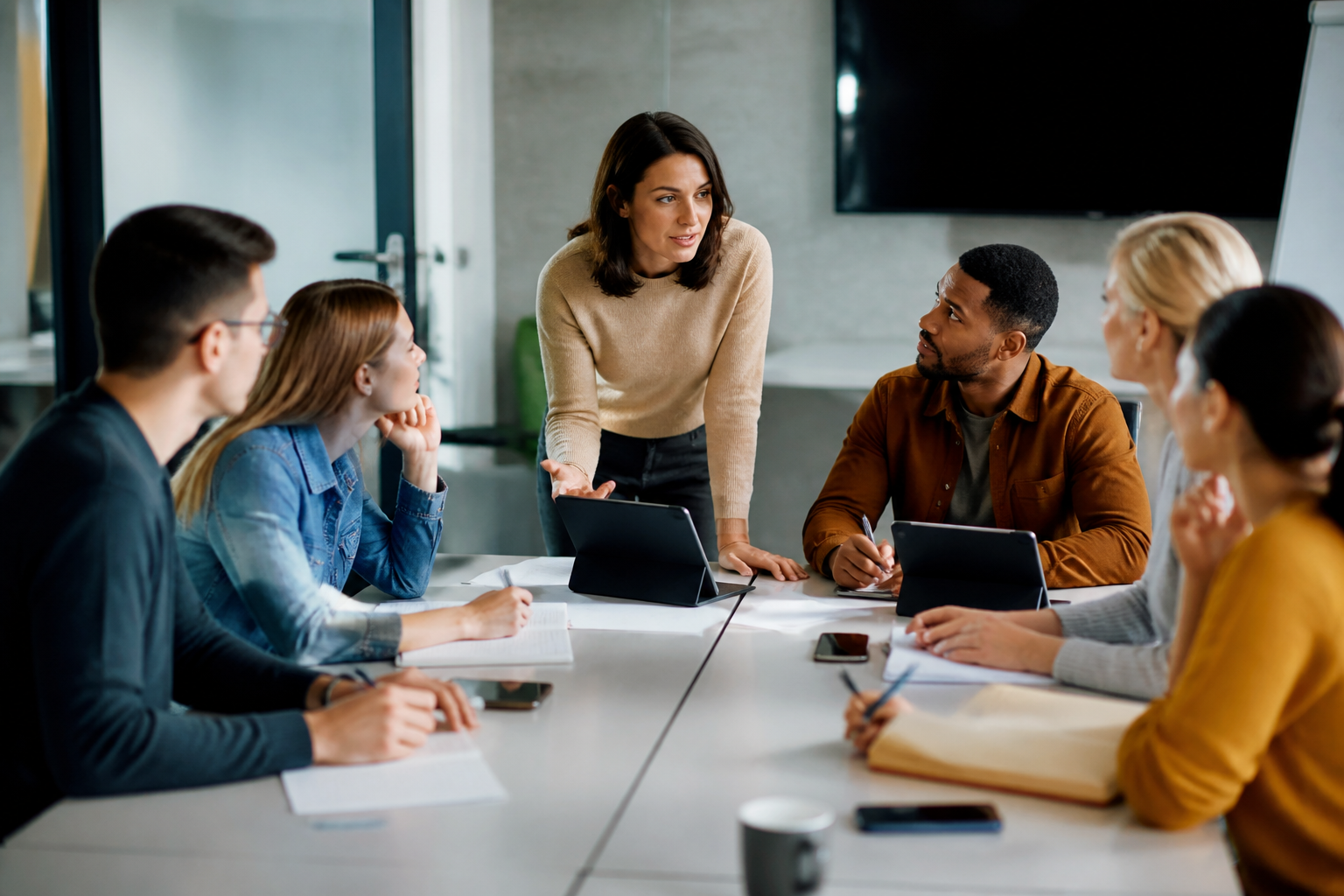 Session de formation professionnelle avec participants utilisant carnets et tablettes