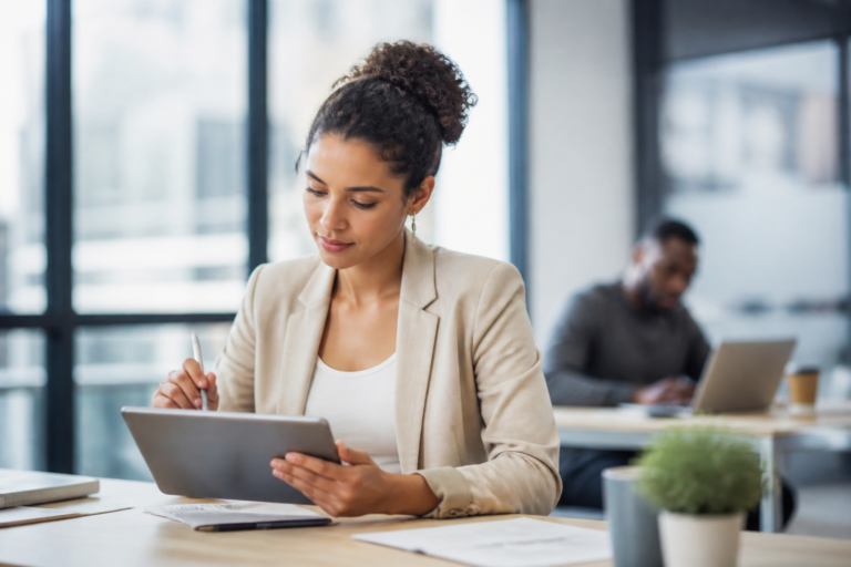 Personne utilisant une tablette pour un test d'orientation professionnelle
