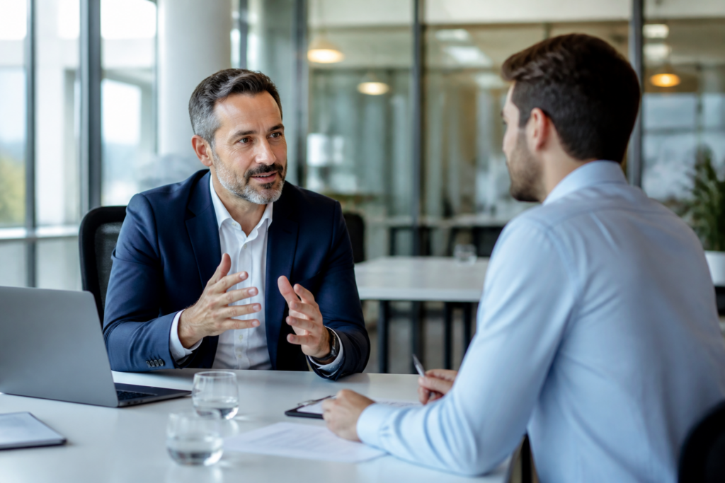 Cadre en entretien de conseil professionnel avec consultant
