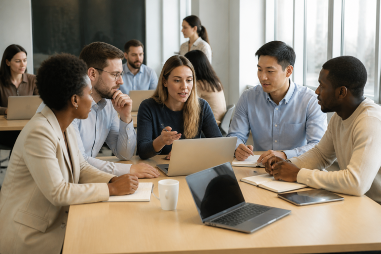 Professionnels en formation collaborant autour d'une table avec ordinateurs portables et carnets