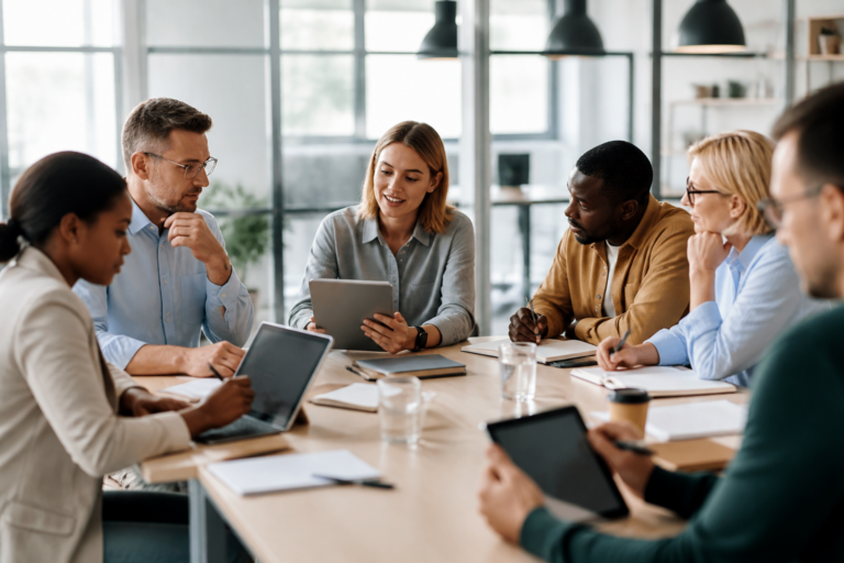 Professionnels en formation utilisant tablettes et carnets en salle de réunion moderne