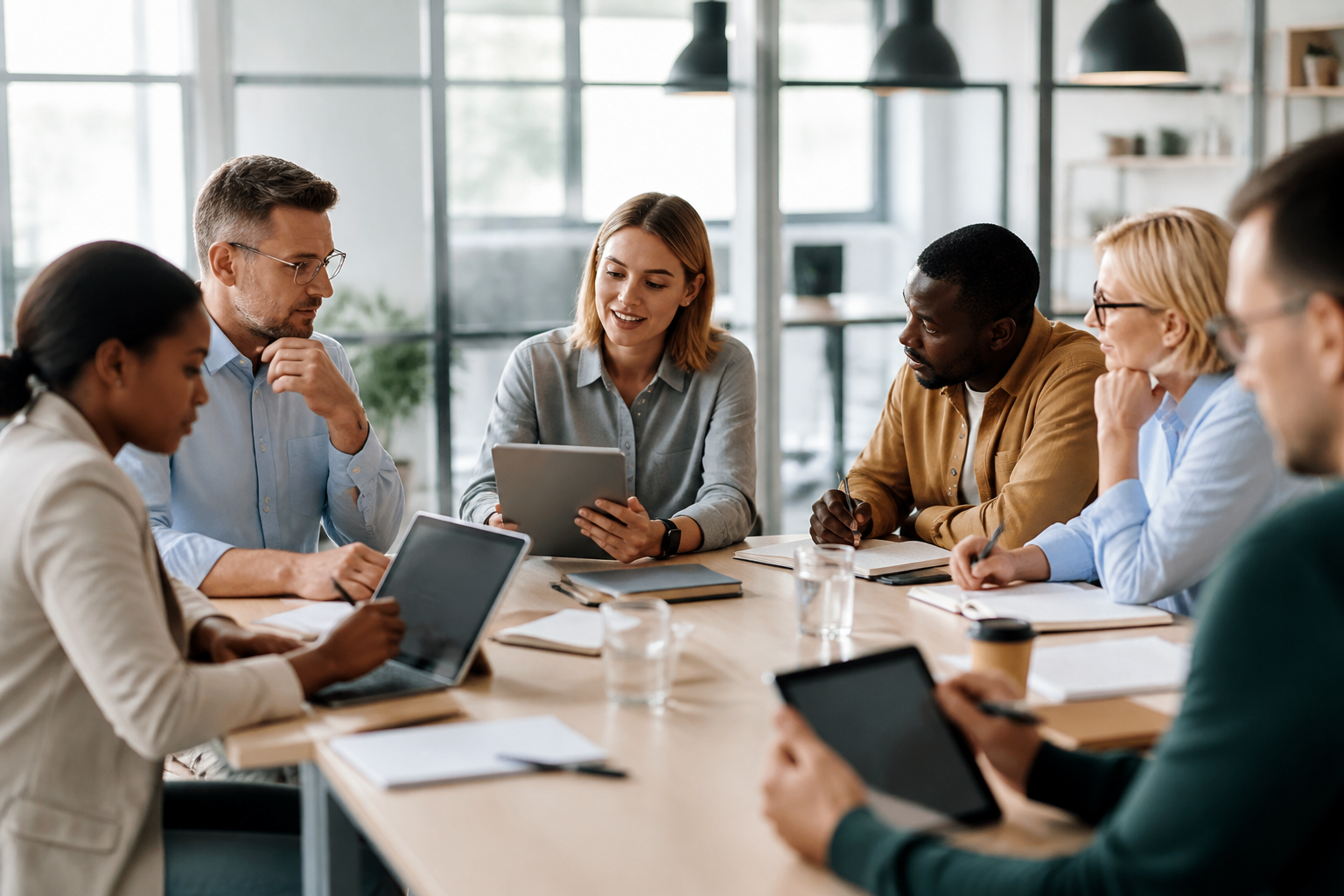 Professionnels en formation utilisant tablettes et carnets en salle de réunion moderne