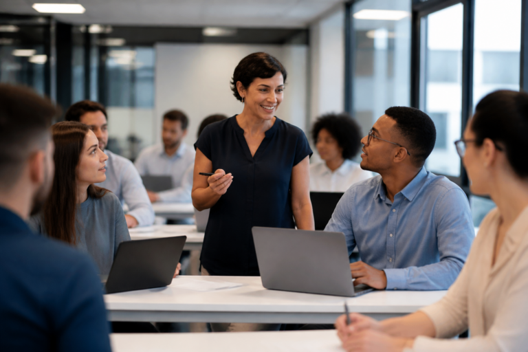 Personnes en formation professionnelle collaborant autour d'un ordinateur portable