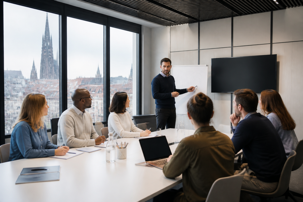 Personnes en formation professionnelle à Strasbourg dans une salle de réunion moderne