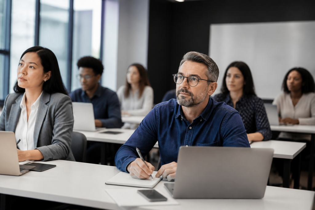 Participants lors d'une formation professionnelle en salle équipée