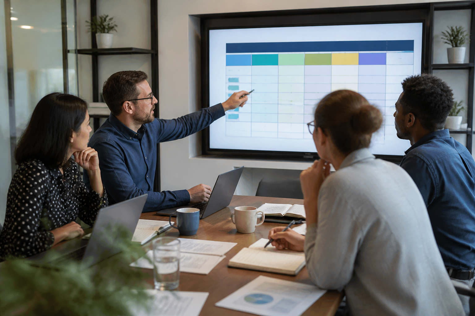 Professionnels en réunion autour d’un tableau de compétences sur écran numérique