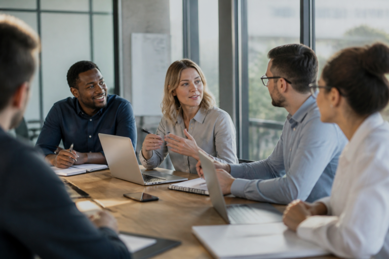Participants en formation professionnelle en réunion dans un bureau moderne