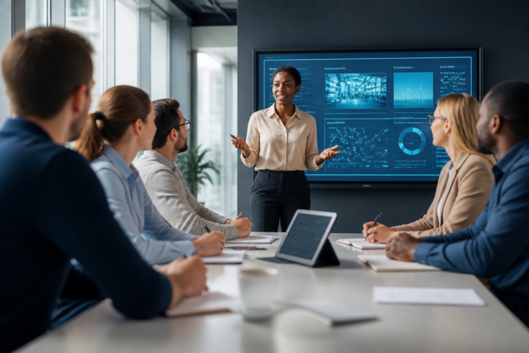 Personnes en formation professionnelle autour d'une table avec supports numériques