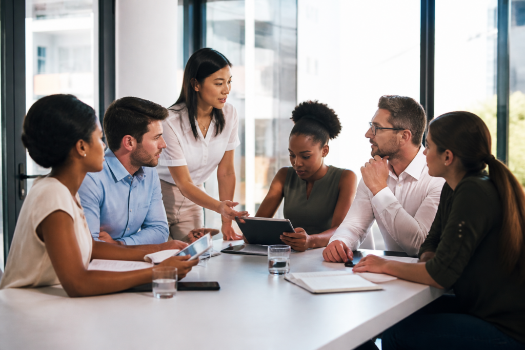 Session de formation professionnelle moderne avec participants discutant autour d'une table