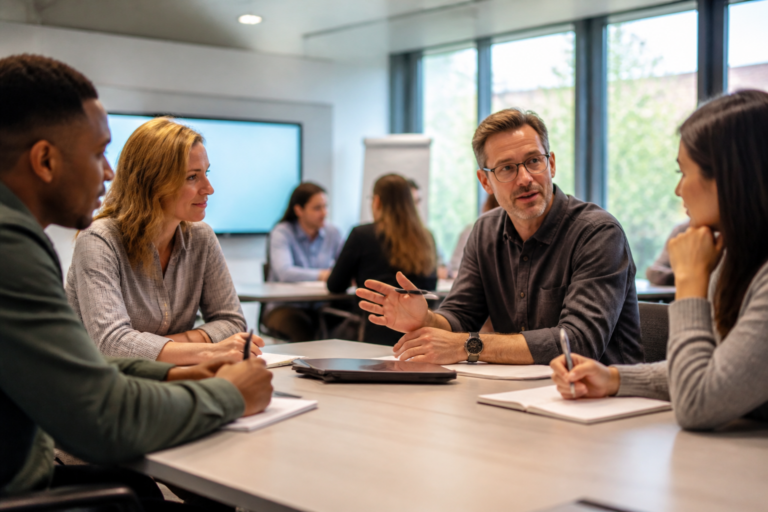 Groupe de professionnels en formation continue lors d'un atelier collaboratif