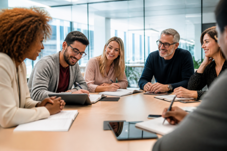 Groupe de personnes en formation professionnelle dans un bureau moderne avec tablettes et carnets