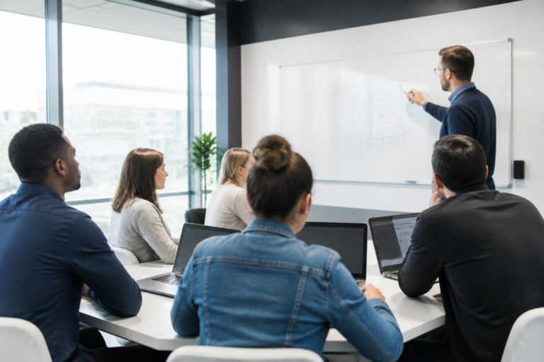Session de formation professionnelle en groupe avec formateur