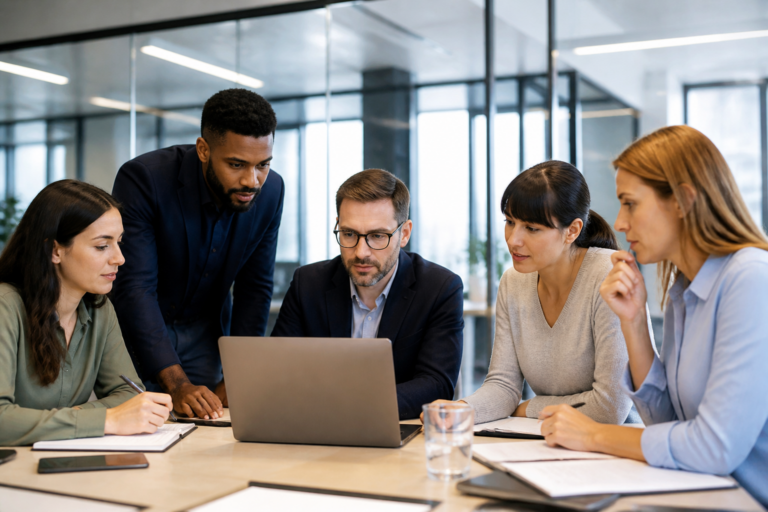 Cadres en formation professionnelle lors d'une réunion de travail en environnement moderne