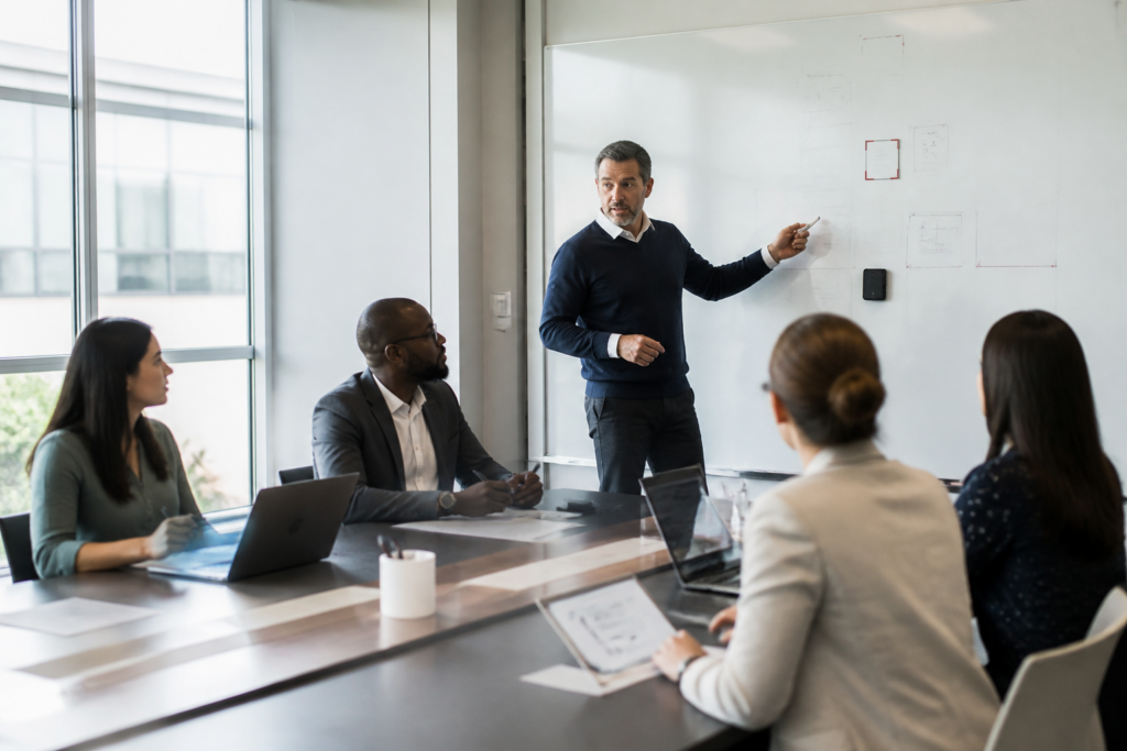 Séance de formation professionnelle avec un formateur et des participants attentifs