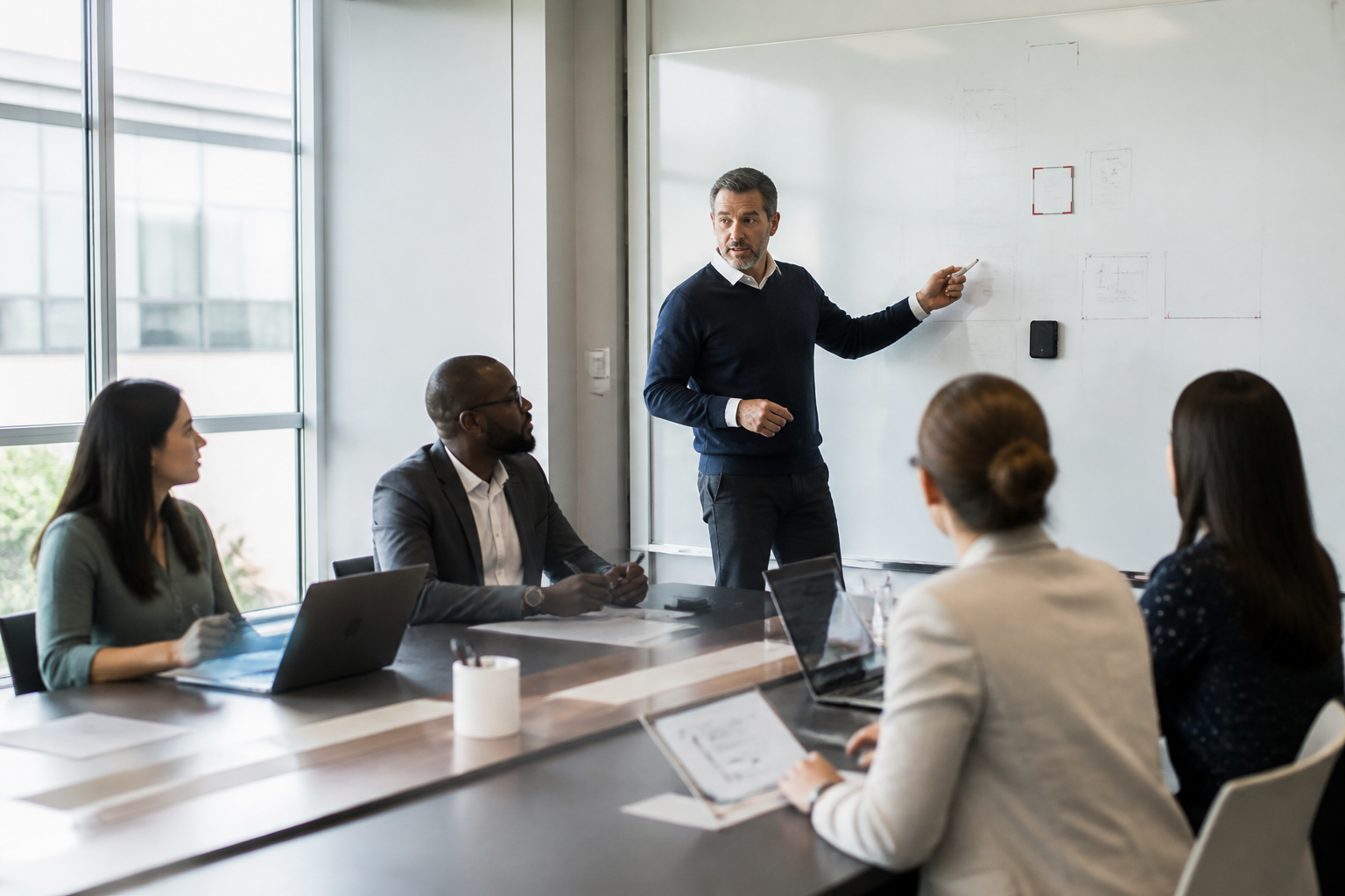 Séance de formation professionnelle avec un formateur et des participants attentifs