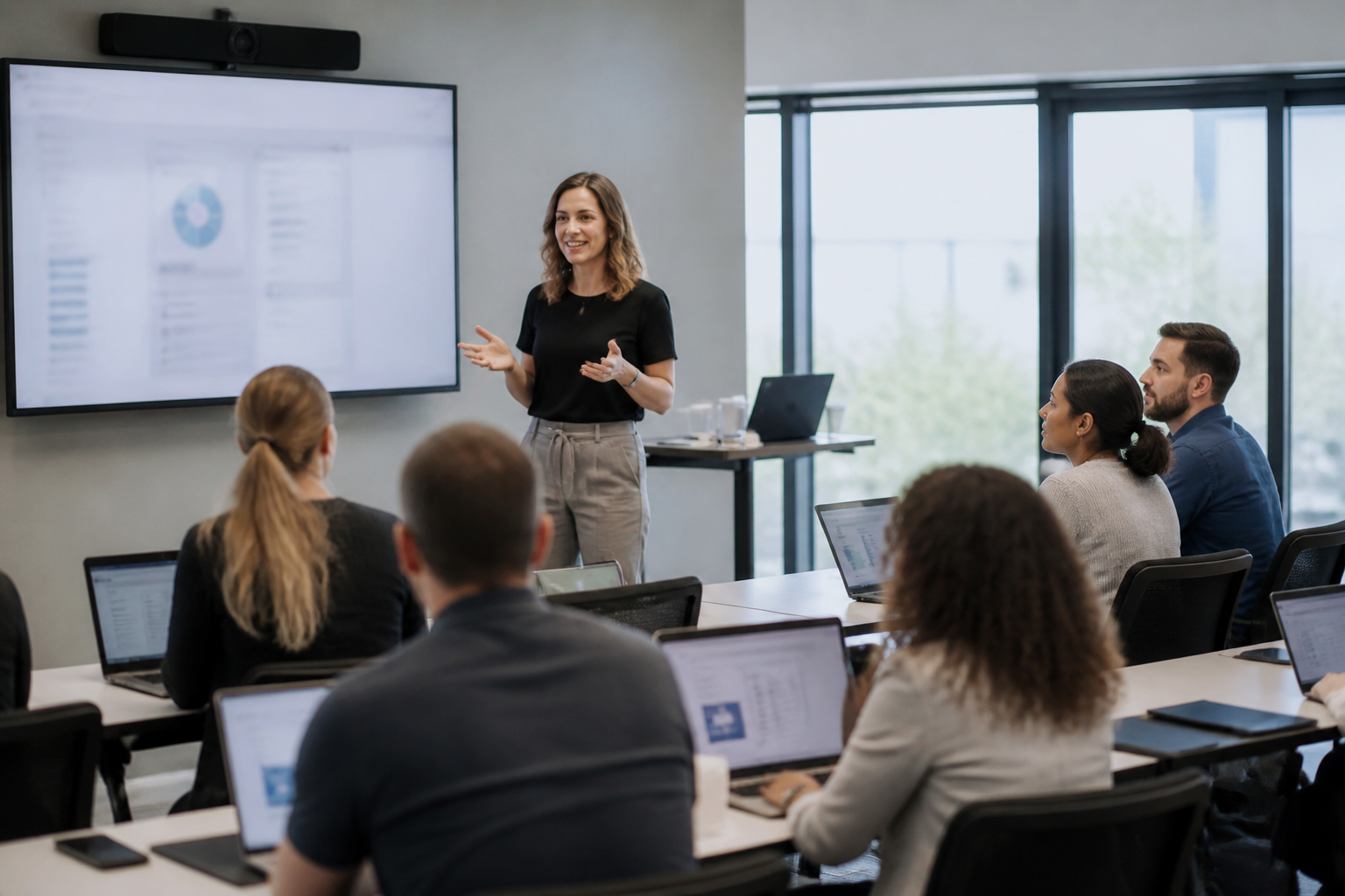 Professionnels lors d'une session de formation en salle moderne avec tablettes