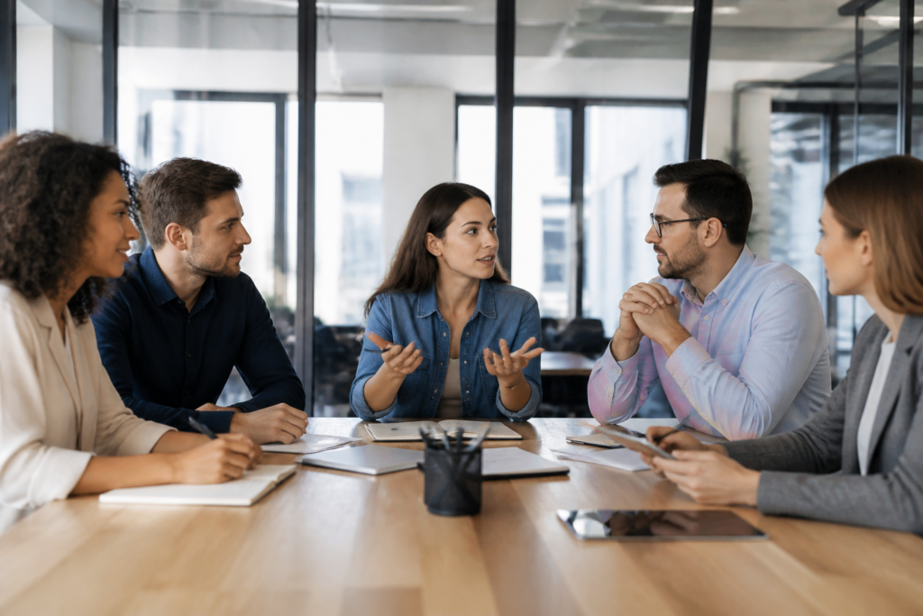 Réunion professionnelle collaborative avec carnets et tablettes dans un bureau moderne