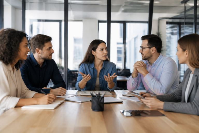 Réunion professionnelle collaborative avec carnets et tablettes dans un bureau moderne