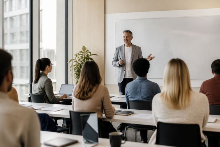 Session de formation professionnelle en salle moderne avec formateur