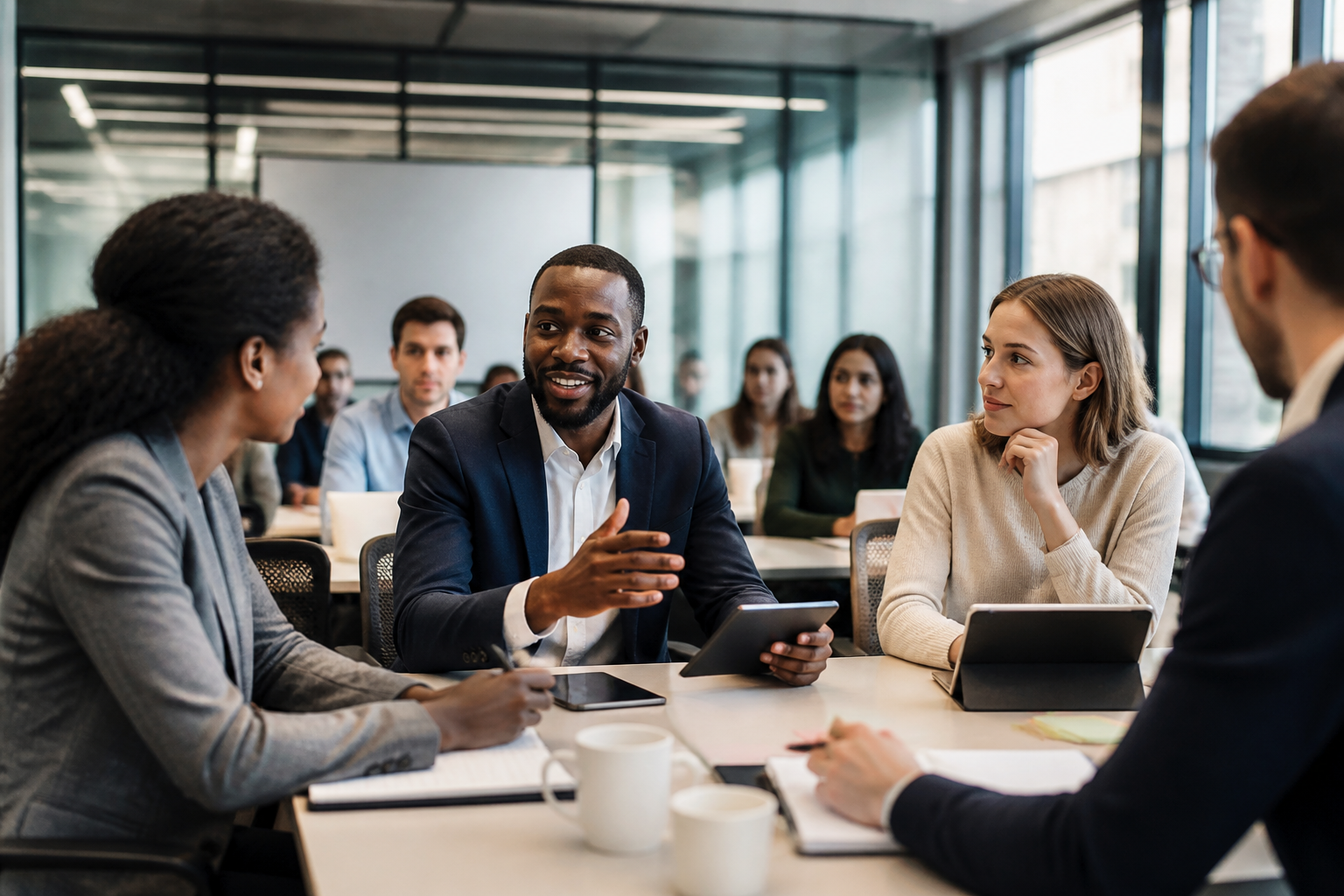 Professionnels en formation animée, échange autour de table avec supports numériques