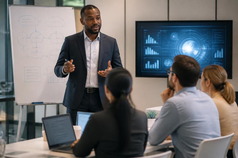 Personne en formation sur la transformation digitale dans un environnement de bureau moderne